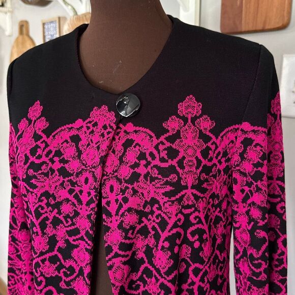 Misook jacquard knit open cardigan sweater womens size small black pink lace pat - Picture 2 of 9
